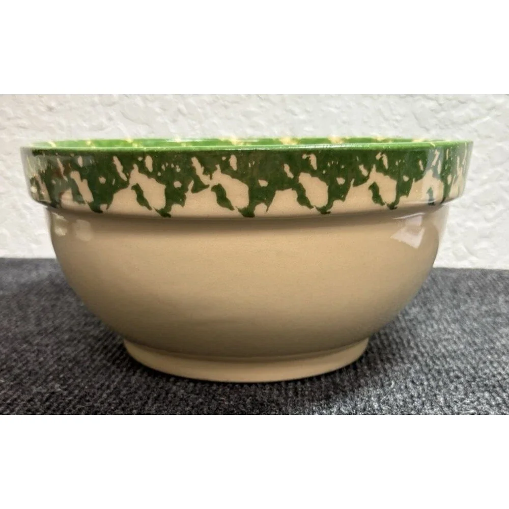 Alpine Pottery Roseville Ohio Large 8 ½” Bowl Green Check Spongeware Floral